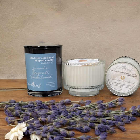“This is my emotional support candle. Kindly Fuck off” Lavender + Bergamot + Sandalwood